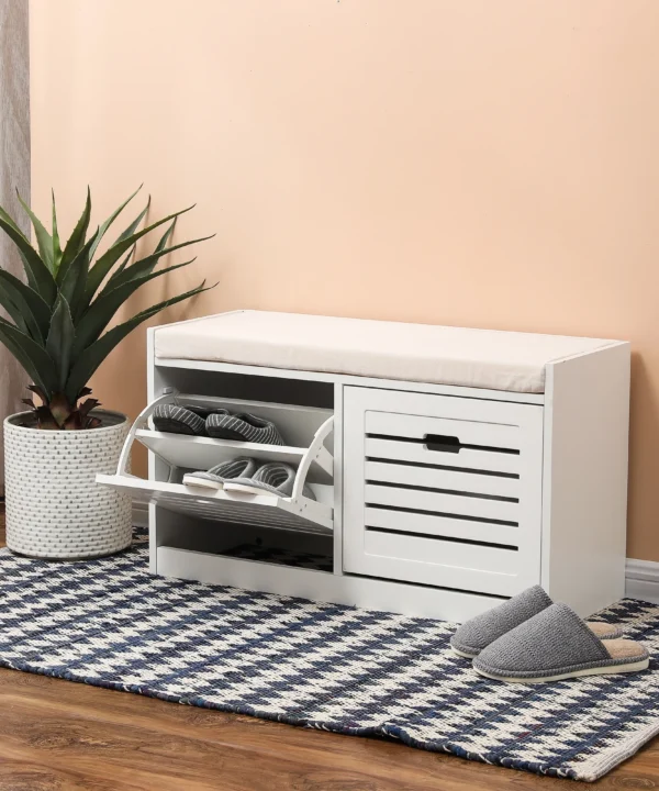 مقعد تخزين من الخشب الأبيض مع وسادة White Wood Shoe Storage Bench with Cushion