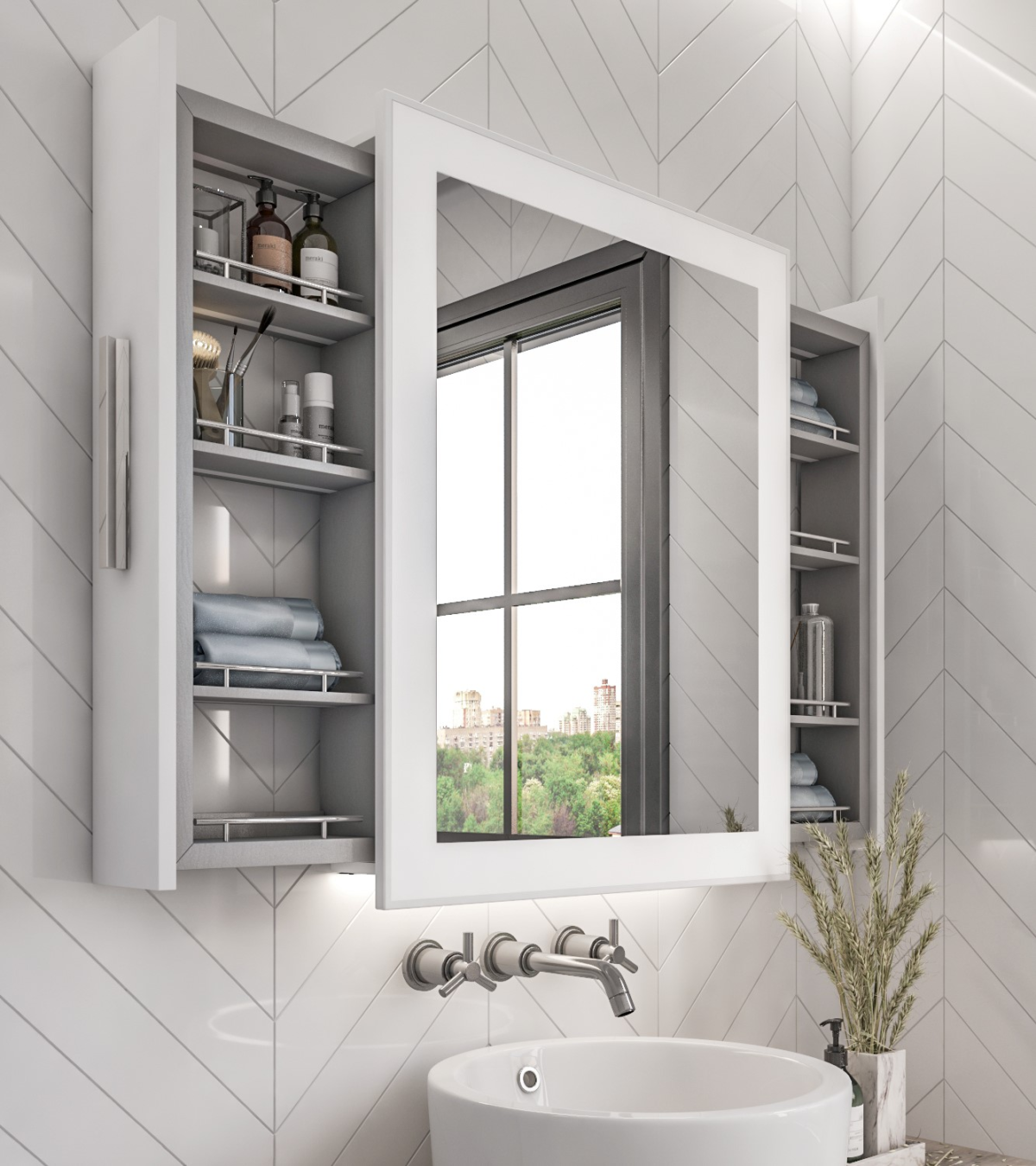 Joy Led Mirror With 2 Sides Cabinet For Bathroom مرآه مرايا جوي ليد مع كابينه جانبين للحمام