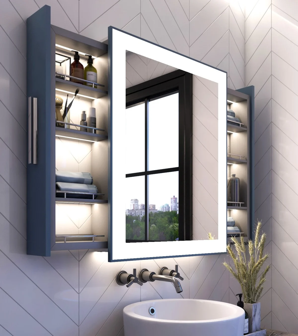 Joy Led Mirror With 2 Sides Cabinet For Bathroom مرآه مرايا جوي ليد مع كابينه جانبين للحمام