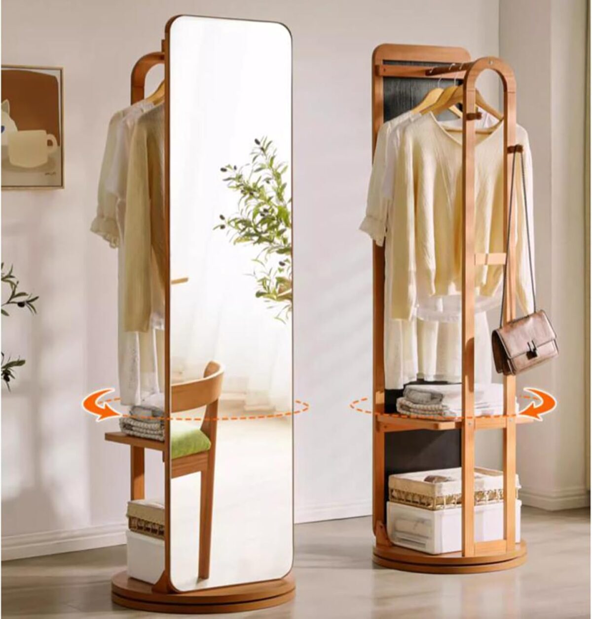 Flow Wooden Coat Rack 360° Rotating Full Body Mirror فلو شماعه ملابس بمرايا