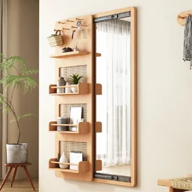 Natural wood and rattan sliding mirror with storage – wall-mounted vanity with boho style