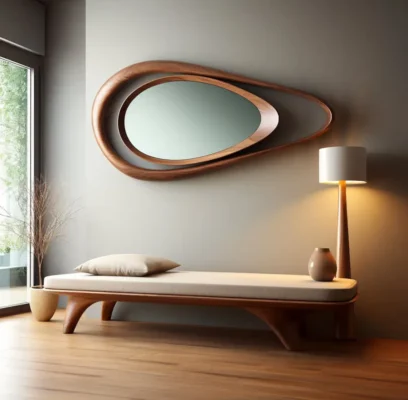 مرآة حائط بإطار خشبي وتصميم غير متماثل فريد من نوعه.
