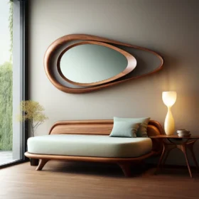 مرآة حائط بإطار خشبي وتصميم غير متماثل فريد من نوعه.