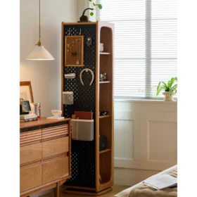 Rotating mirror cabinet with solid wood and perforated metal design