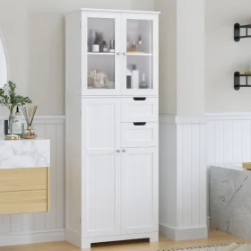Almetter freestanding white bathroom cabinet with drawers and doors for organized storage – natural wood