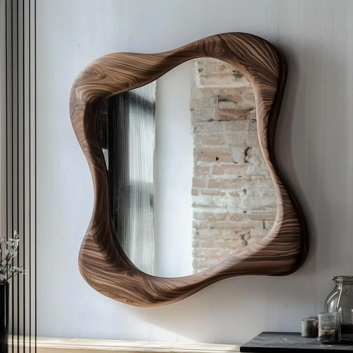 Ghost wall hanged mirror with flowing natural wood frame and modern artistic design