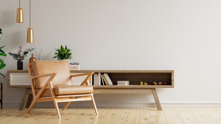 Cabinets and wall for tv in living room, Mockup white wall.