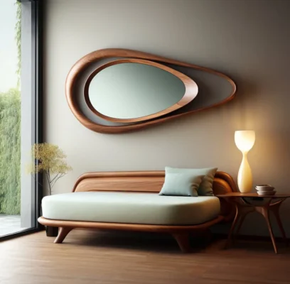 Types of Mirrors for Home Decor – A Complete Guide 4 Wooden framed wall mirror with a unique asymmetric design.