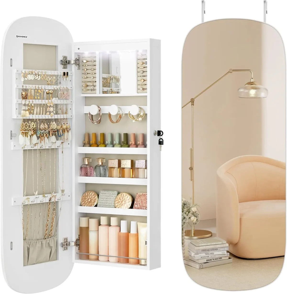 SONGMIX jewelry cabinet open displaying earring holders and necklace hooks