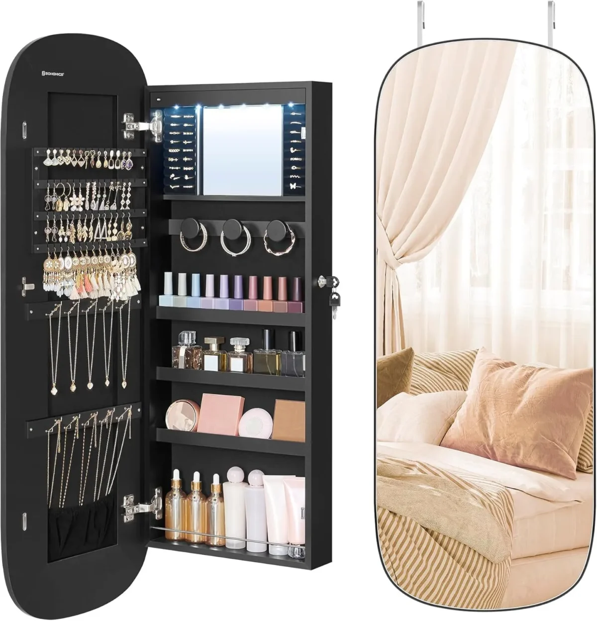 SONGMIX wall-mounted jewelry mirror cabinet with LED lighting and natural wood frame