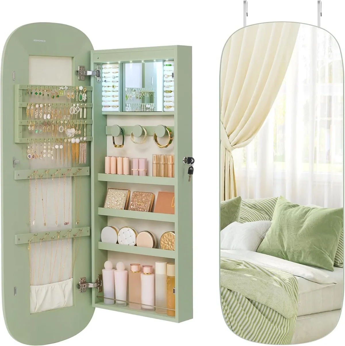 SONGMIX wall-mounted jewelry mirror cabinet with LED lighting and natural wood frame