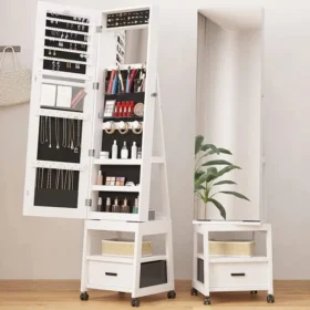 Alqamar rotating jewelry cabinet with full mirror, makeup storage, and drawers – white finish, natural wood