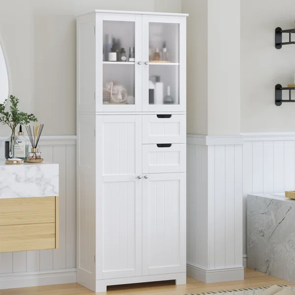 Almetter freestanding white bathroom cabinet with drawers and doors for organized storage – natural wood