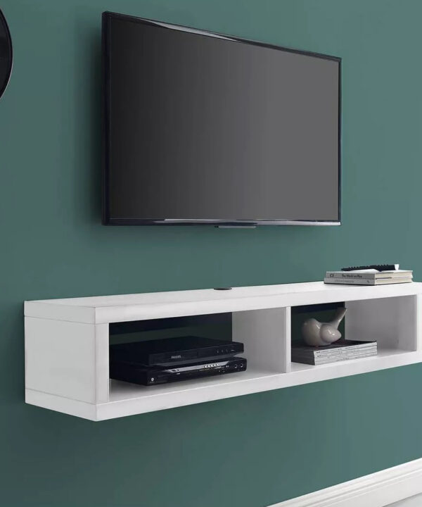 Modern Kist floating TV table with natural wood finish, wall-mounted design featuring two open storage shelves and integrated cable management system for organized entertainment setup