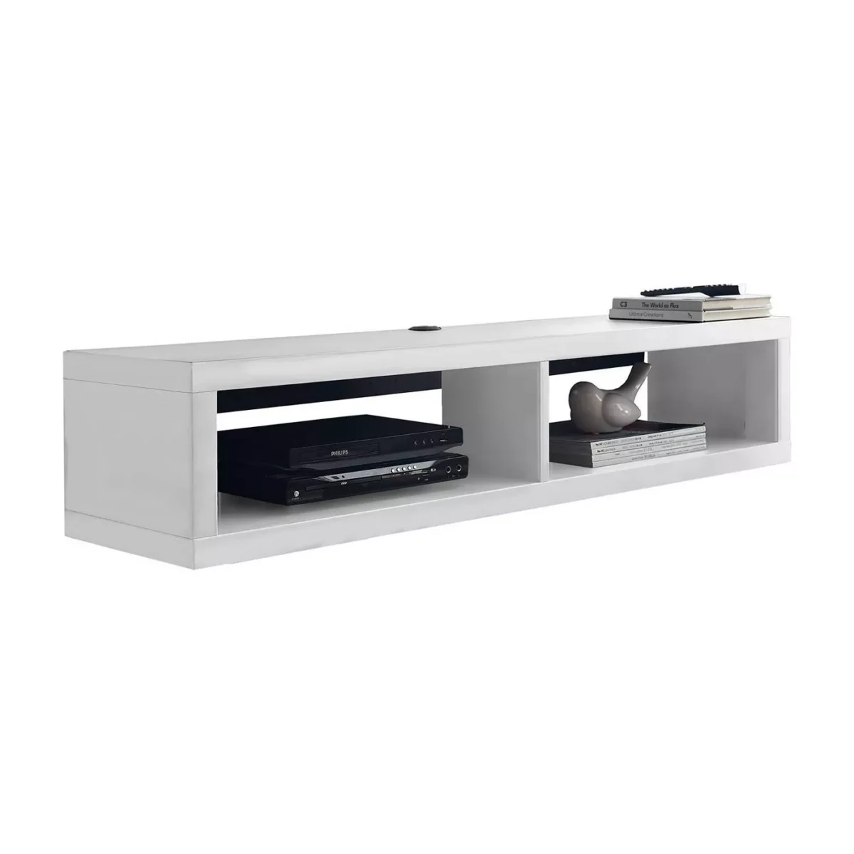 Modern Kist floating TV table with natural wood finish, wall-mounted design featuring two open storage shelves and integrated cable management system for organized entertainment setup