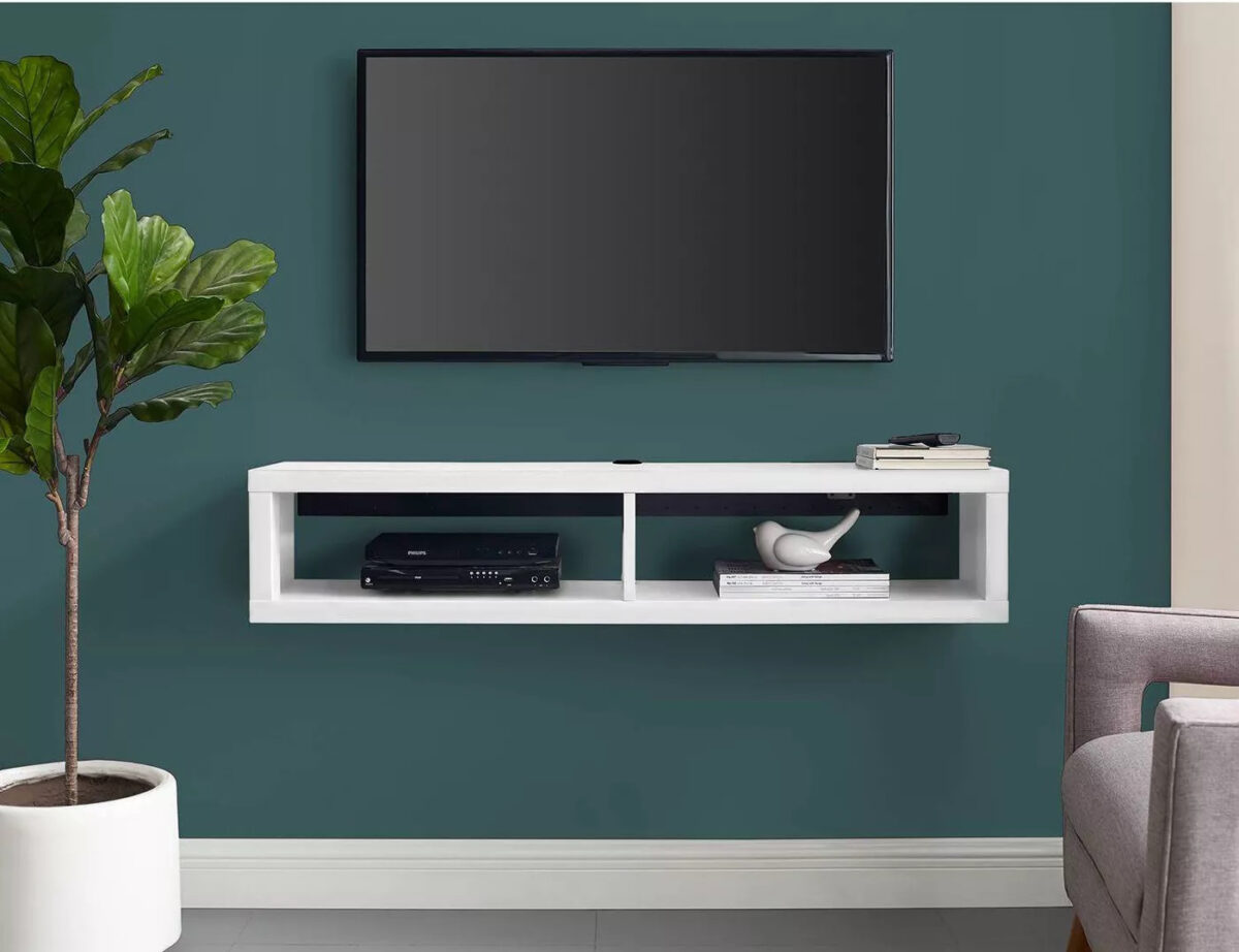 Modern Kist floating TV table with natural wood finish, wall-mounted design featuring two open storage shelves and integrated cable management system for organized entertainment setup