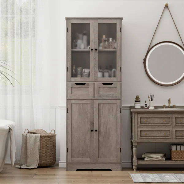 Almetter freestanding white bathroom cabinet with drawers and doors for organized storage – natural wood