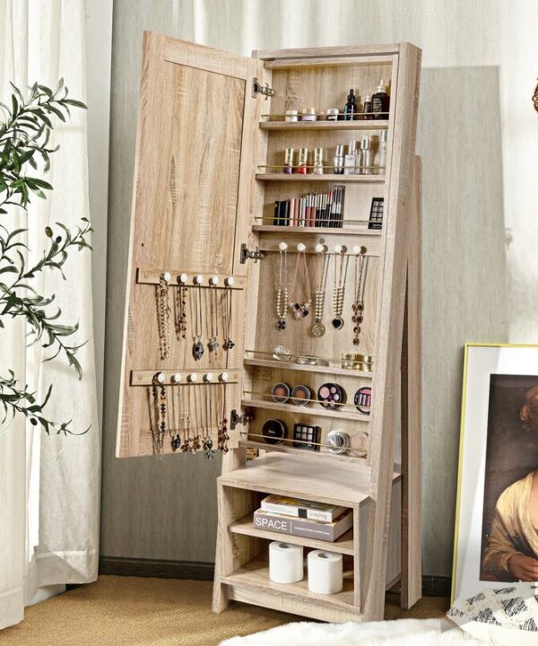 Quimora natural wood jewelry armoire with full-length mirror featuring 6 shelves and 15 hooks for organized jewelry storage in bedroom setting