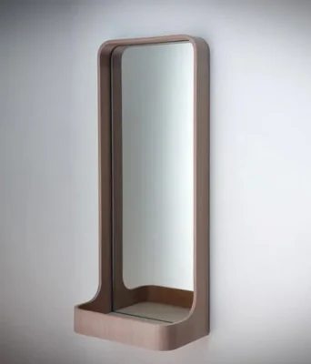 Types of Mirrors for Home Decor – A Complete Guide 7 Loop wall mirror with natural wood curved frame and integrated storage shelf, featuring premium mirrored glass perfect for bathroom, bedroom, or living room decor